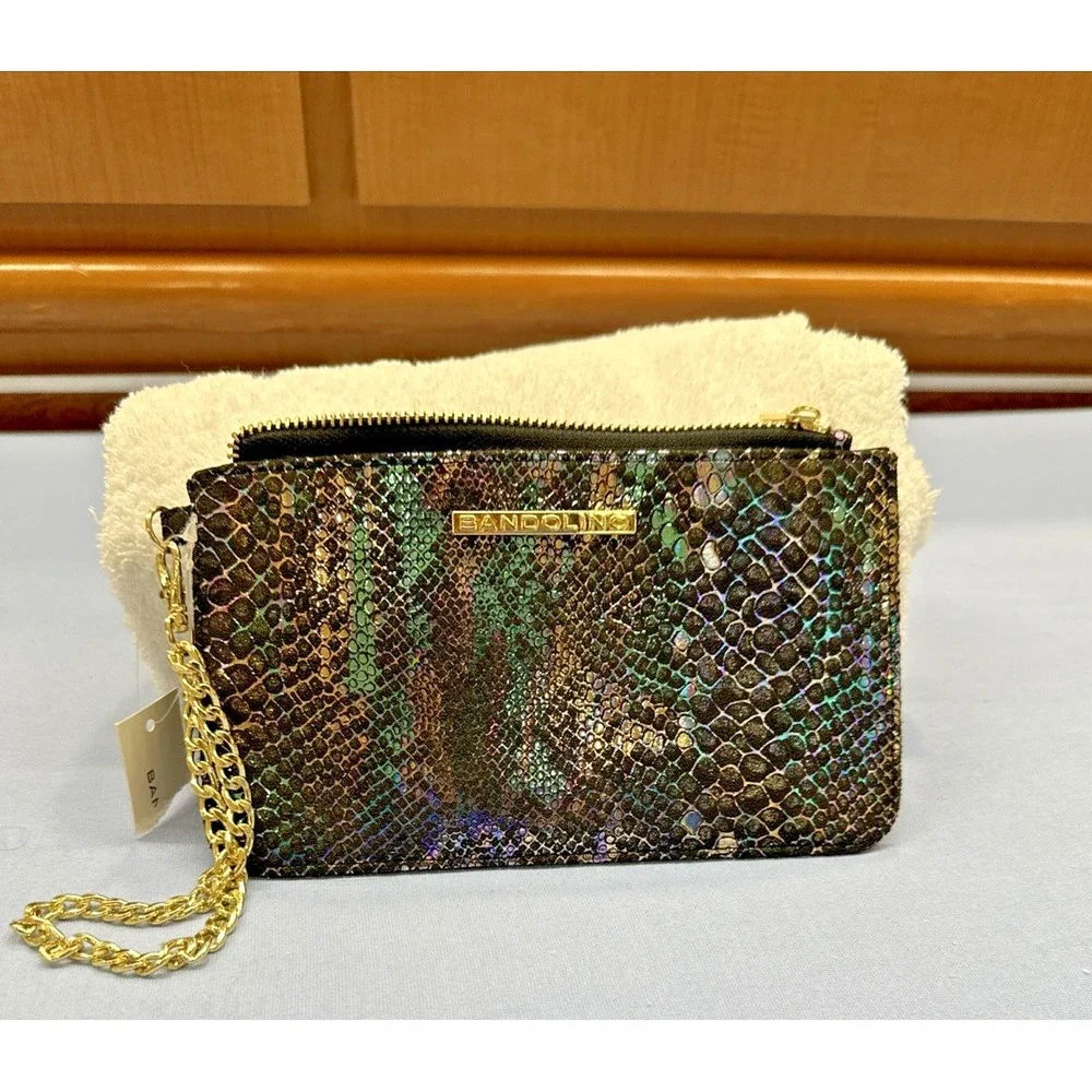 BANDOLINO Gold Chain Link Wristlet Wallet Faux‎ Python Skin Metallic Multi RDIF